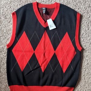 Black and Red Argyle V-Neck Sweater Vest